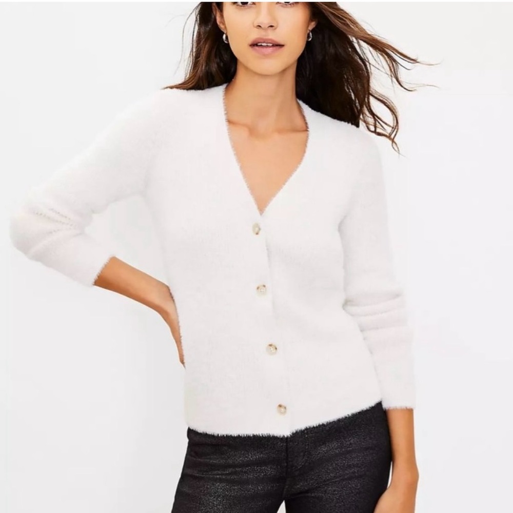Large LOFT Shimmer Fuzzy V-neck Cardigan NWOT White/Cream